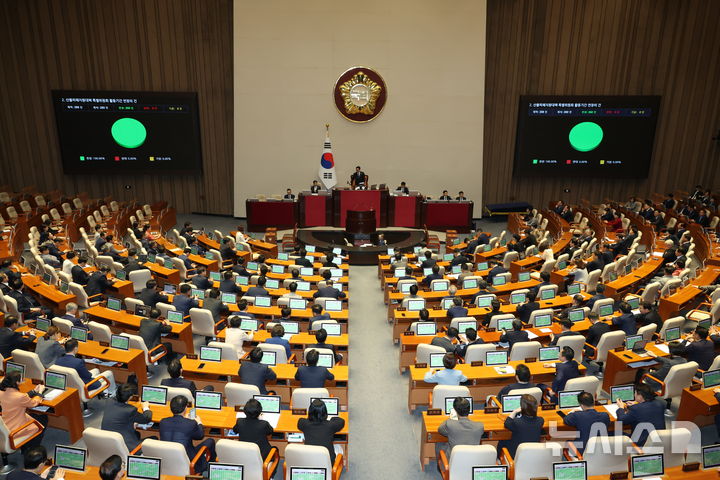 [서울=뉴시스] 고승민 기자 = 25일 서울 여의도 국회에서 열린 제429회 국회(정기회) 제9차 본회의에서 산불피해지원대책 특별위원회 활동기간 연장의 건이 가결되고 있다. 2025.09.25. kkssmm99@newsis.com