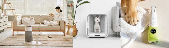 [서울=뉴시스] (왼쪽부터) LG전자의 '퓨리케어 에어로캣타워', 넬로의 '펫드라이룸', 조아스의 '펫스팟 부분이발기' 제품들의 모습(사진=비쎌 제공) *재판매 및 DB 금지