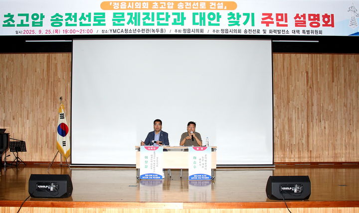 [정읍=뉴시스] 25일 정읍청소년수련관에서 열린 정읍시의회의 '초고압 송전선로 문제진단과 대안찾기 주민설명회' 시의회 송전선로및화력발전소대책특별위원회 이상길 위원장(왼쪽)이 사회를 보는 가운데 공익법률센터 농본 대표인 하승수 변호사(오른족)가 '전북지역 송전탑 문제 진단과 대안에 대하여'란 주제 발표를 하고 있다. *재판매 및 DB 금지