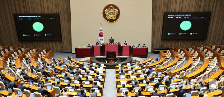 [서울=뉴시스] 김금보 기자 = 26일 오후 서울 여의도 국회에서 열린 본회의에서 정부조직법 일부개정법률안이 통과되고 있다. 2025.09.26. kgb@newsis.com