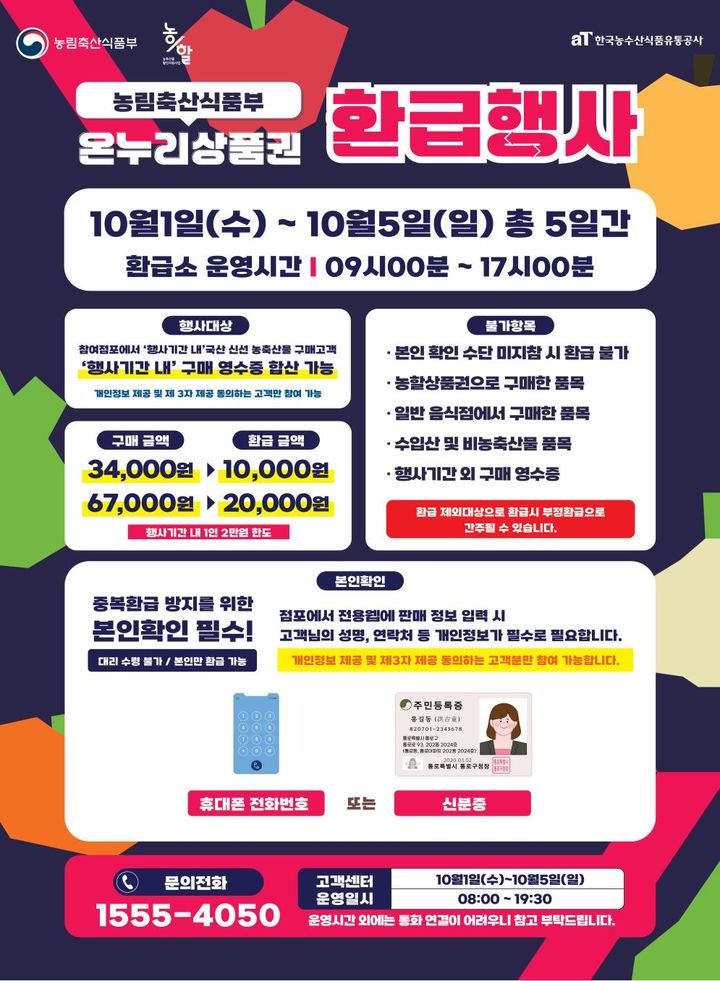 [세종=뉴시스] 농림축산식품부는 추석을 맞아 소비자들의 장바구니 부담을 덜기 위해 다음달 1일부터 5일까지 전국 249개 전통시장에서 '추석맞이 전통시장 온누리상품권 환급행사'를 실시한다고 28일 밝혔다. (포스터 = 농식품부 제공) 2025.09.27. *재판매 및 DB 금지