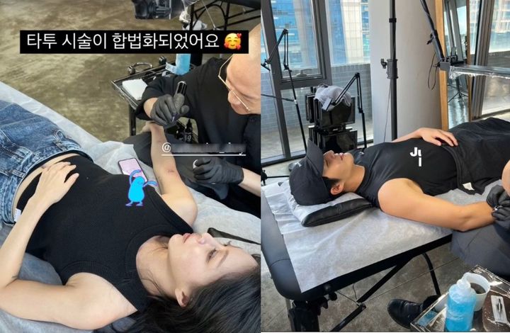 [서울=뉴시스] 배우 한예슬이 타투 시술 합법화 소식을 기념하듯 남편 류성재와 함께 커플 타투를 공개했다. (사진=한예슬 인스타그램 캡처) 2025.09.27. photo@newsis.com *재판매 및 DB 금지