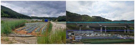 [서울=뉴시스] 무단점유된 도로공사 부지. 왼쪽은 강원 평창의 경작지, 오른쪽은 경북 고령에서 고물상으로 운영되는 부지의 모습. 2025.10.08. (사진=김정재 의원실 제공) photo@newsis.com *재판매 및 DB 금지