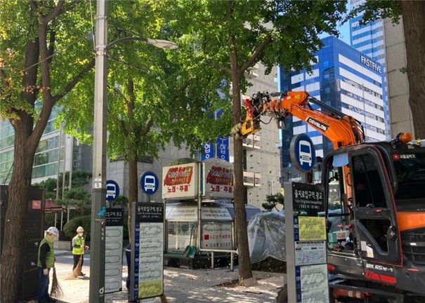 [서울=뉴시스]가로수 은행열매 채취.