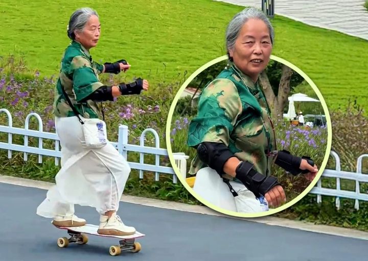 [뉴시스] '바람을 쫓는 소녀'라는 별명을 가진 68세 류가 스케이트보드를 타는 모습. 2025.09.29.(사진=SCMP 캡처). *재판매 및 DB 금지