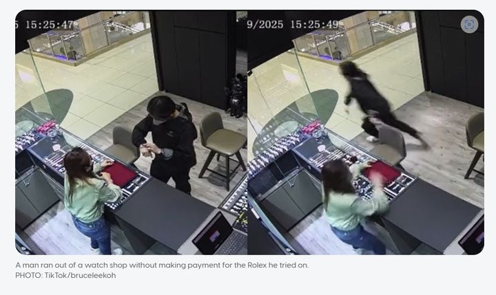 [서울=뉴시스]싱가포르의 '파 이스트 플라자' 쇼핑센터에 중고시계 매장에서 지난 25일 한 남성이 중고 롤렉스 시계를 차고 달아나 경찰이 수사에 나섰다. (사진출처: 아시아원 캡처)2025.09.29. 