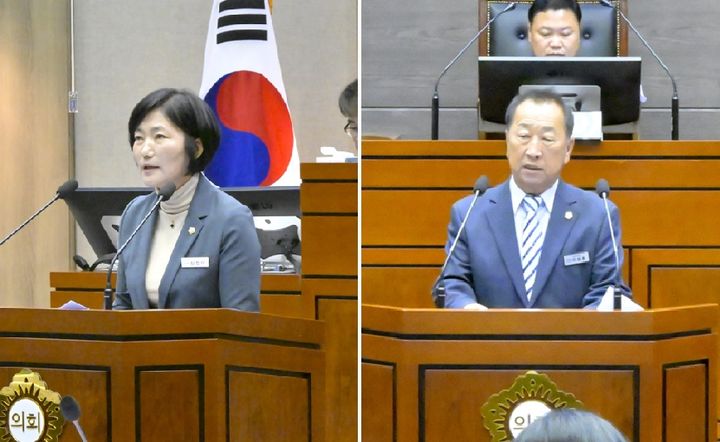 [순창=뉴시스] 29일 열린 순창군의회의 제297회 제2차 정례회 본회의, 신정이 의원(왼쪽)과 마화룡 의원(오른쪽)이 '5분 자유발언'을 하고 있다. *재판매 및 DB 금지