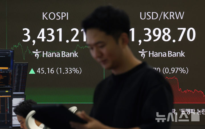 [서울=뉴시스] 김진아 기자 = 29일 서울 중구 하나은행 딜링룸에서 딜러들이 업무를 보고 있다. 코스피는 전 거래일(3386.05)보다 45.16포인트(1.33%) 오른 3431.21에, 코스닥 지수는 전 거래일(835.19)보다 11.52포인트(1.38%) 상승한 846.71에 거래를 마쳤다. 2025.09.29. bluesoda@newsis.com