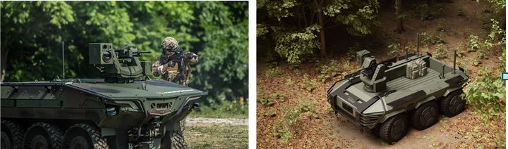 [서울=뉴시스] 한화에어로스페이스의 다목적 무인차량 아리온스멧(왼쪽)과 현대로템의 HR-셰르파(오른쪽)의 모습. (사진=각사 제공) 2025.9.30. photo@newsis.com *재판매 및 DB 금지