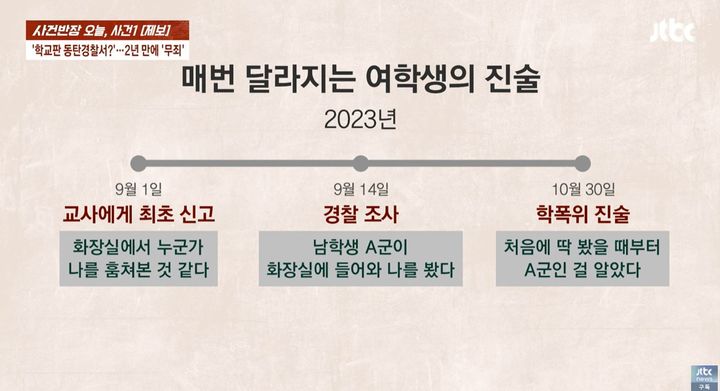 [서울=뉴시스] 재판부는 ▲B양이 사건 직후 웃으며 화장실에서 나오는 모습이 CCTV에 찍힌 점 ▲B양이 4차례나 진술을 번복한 점 ▲소리를 지르며 뛰쳐나왔다고 주장했으나 근거가 없었던 점 등을 종합해 진술의 신빙성이 낮다며 무죄를 선고했다. (사진=JTBC '사건반장' 캡처) 2025.09.30 *재판매 및 DB 금지