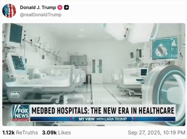 [뉴시스]폭스뉴스 방송처럼 제작된 AI 합성 영상에서 트럼프 대통령이 ‘메드베드’를 소개하고 있다. (사진=알렉스 카플란 미디어매터스 선임연구원 X) 2025.09.30 *재판매 및 DB 금지