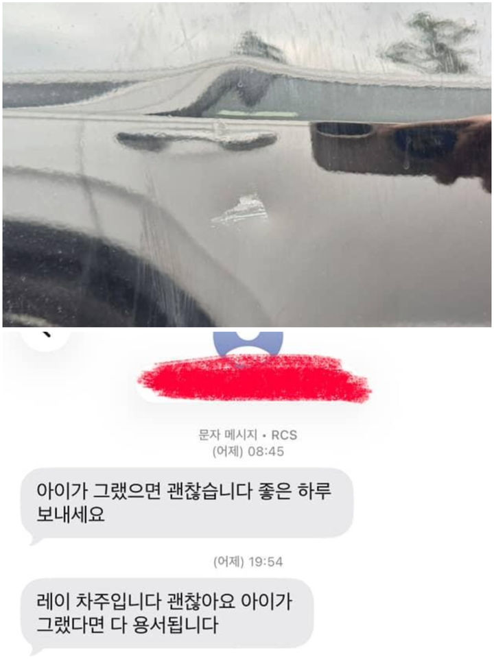 [서울=뉴시스] 아이의 실수로 차량에 흠집이 난 것을 알고 수리비를 받지 않은 한 차주의 선행이 알려졌다. (사진 = 보배드림 갈무리) 2025.09.30. *재판매 및 DB 금지