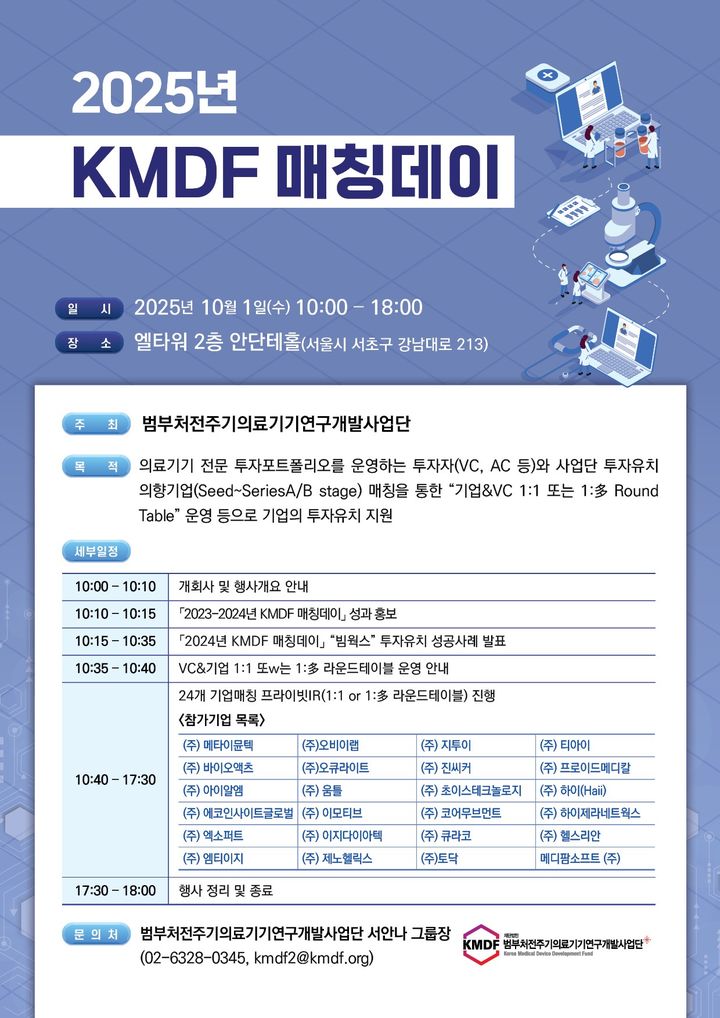 [서울=뉴시스] 범부처전주기의료기기연구개발사업단(이하 사업단)은 1일 서초구 엘타워 안단테홀에서2025년 KMDF 매칭데이를 개최한다고 이날 밝혔다. (사진=범부처전주기의료기기연구개발사업단 제공) 2025.10.01 photo@newsis.com *재판매 및 DB 금지