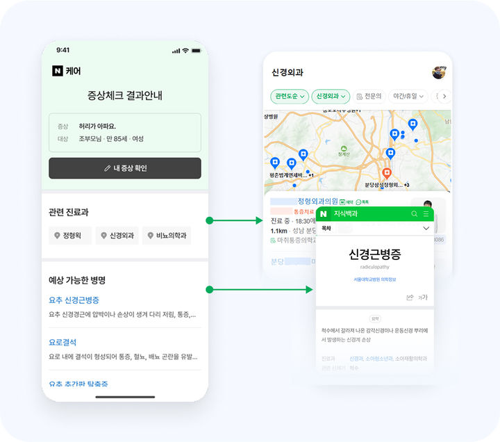 [서울=뉴시스] 네이버케어는 증상 체크를 수행하는 디지털 헬스케어 서비스로 의료 서비스 접근성을 높이고 초기 진단을 지원한다. 아픈 부위나 증상을 입력하면 예상 가능한 병명과 가까운 진료 병원을 찾아준다. (사진=네이버 제공) *재판매 및 DB 금지