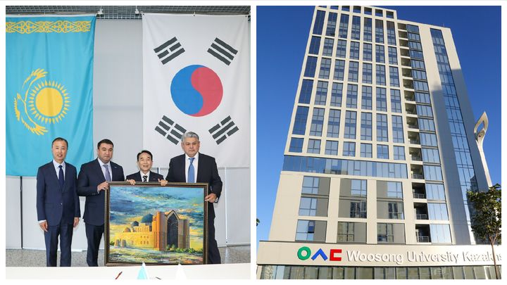 [대전=뉴시스] 우송대 카자흐스탄 캠퍼스 개교식에 참석한 김성경(오른쪽 두 번째) 학교법인 우송학원 명예이사장과 건물 전경. (사진=우송대 제공) 2025.10.01. photo@newsis.com *재판매 및 DB 금지