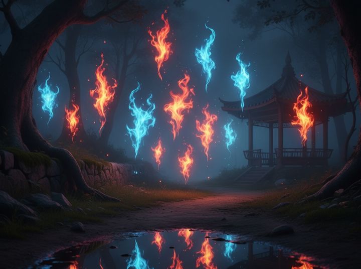 10일 학계에 따르면 스탠퍼드대학교 연구팀은 도깨비불 현상이 단순한 메탄가스 연소가 아닌, 미세 기포 사이에서 발생하는 미세 번개에 의해 불이 붙는 것이라는 연구 결과를 발표했다. 사진은 AI '제미나이'가 그린 도깨비불 이미지. (사진=제미나이) *재판매 및 DB 금지