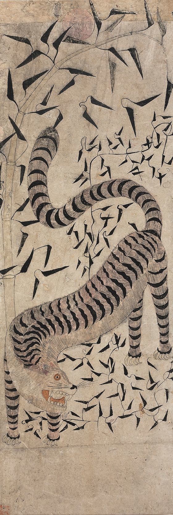 월하죽호도(月下竹虎圖) Tiger and Bamboo under the Moonlight 조선, 19세기 말 ~ 20세기 초 종이에 목판인쇄 106.5×36cm 41.9x14.1in. *재판매 및 DB 금지