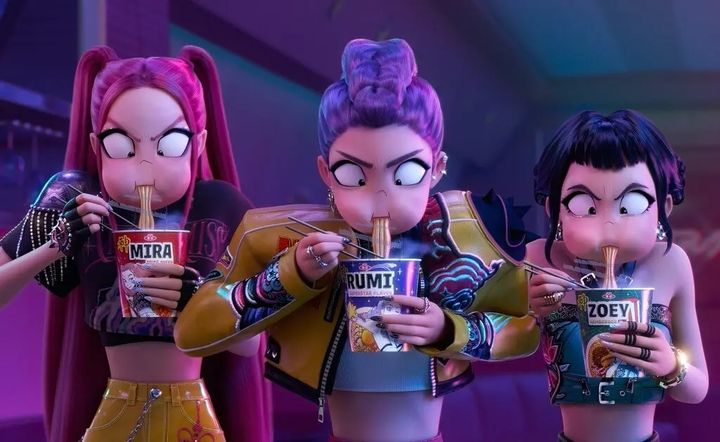 [뉴시스] 넷플릭스 애니메이션 '케이팝 데몬 헌터스'(케데헌)에서 주인공들이 컵라면을 빠른 속도로 먹는 모습. (사진=넷플릭스) *재판매 및 DB 금지