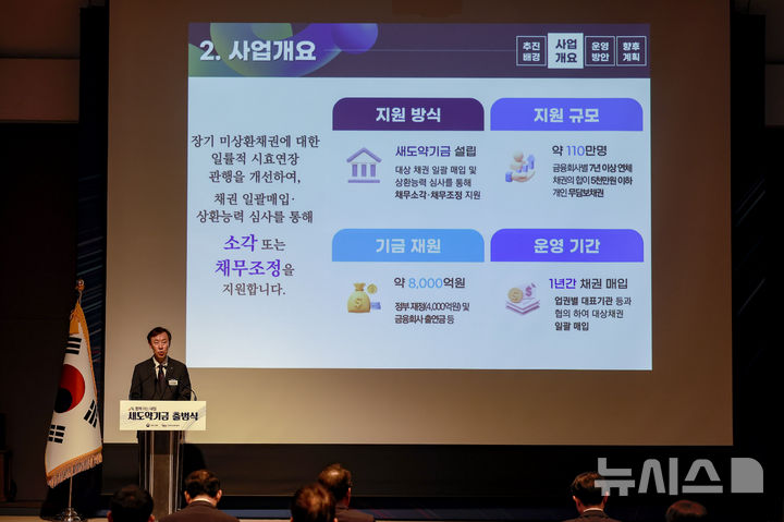 [서울=뉴시스] 정병혁 기자 = 정정훈 한국자산관리공사 사장이 1일 서울 중구 프레스센터에서 열린 새도약기금 출범식에서 기금 설립보고를 하고 있다. 2025.10.01. jhope@newsis.com