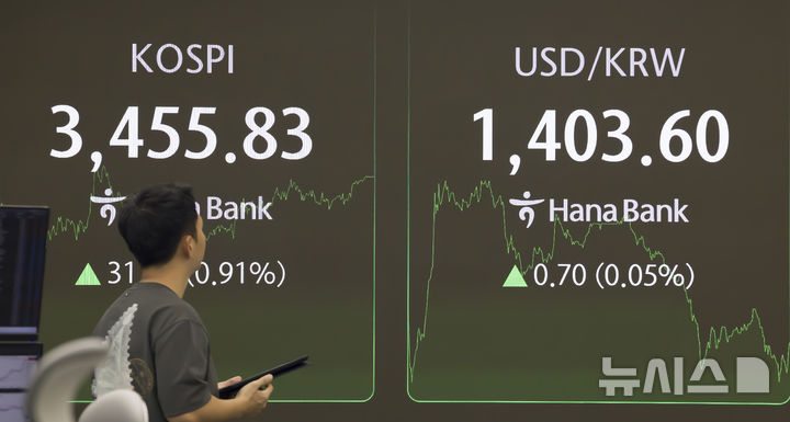 [서울=뉴시스] 김근수 기자 = 서울 중구 하나은행 본점 딜링룸에서 직원들이 업무를 보고 있다. 2025.10.01. ks@newsis.com