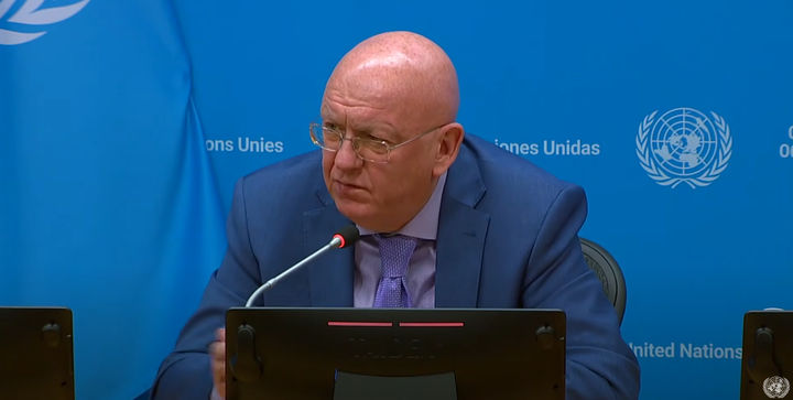 바실리 네벤자 유엔 주재 러시아 대사가 1일(현지 시간) 유엔 안보리 의장국 수임 기자회견에서 발언하고 있다. (사진=유엔 유튜브 채널 캡처) 2025.10.02. *재판매 및 DB 금지