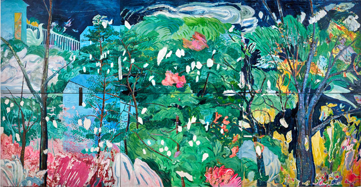 김은정, 부리 물고기 뿌리 Beak Fish Root, 2024, 나무에 배접된 종이에 유채,한지 Oil on paper mounted on wood, Hanji, 182x350.4cm *재판매 및 DB 금지