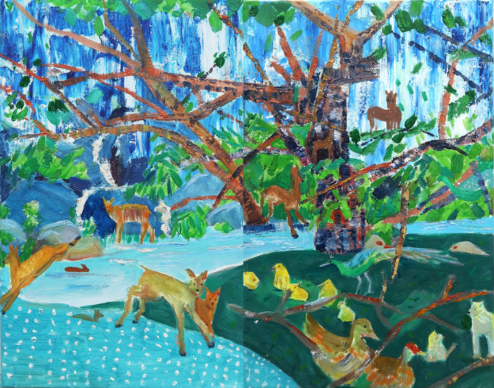 김은정 ,나무, 사슴 Tree, Gorani, 2025, 캔버스에 유채 Oil on canvas, 63.6x66.8cm *재판매 및 DB 금지