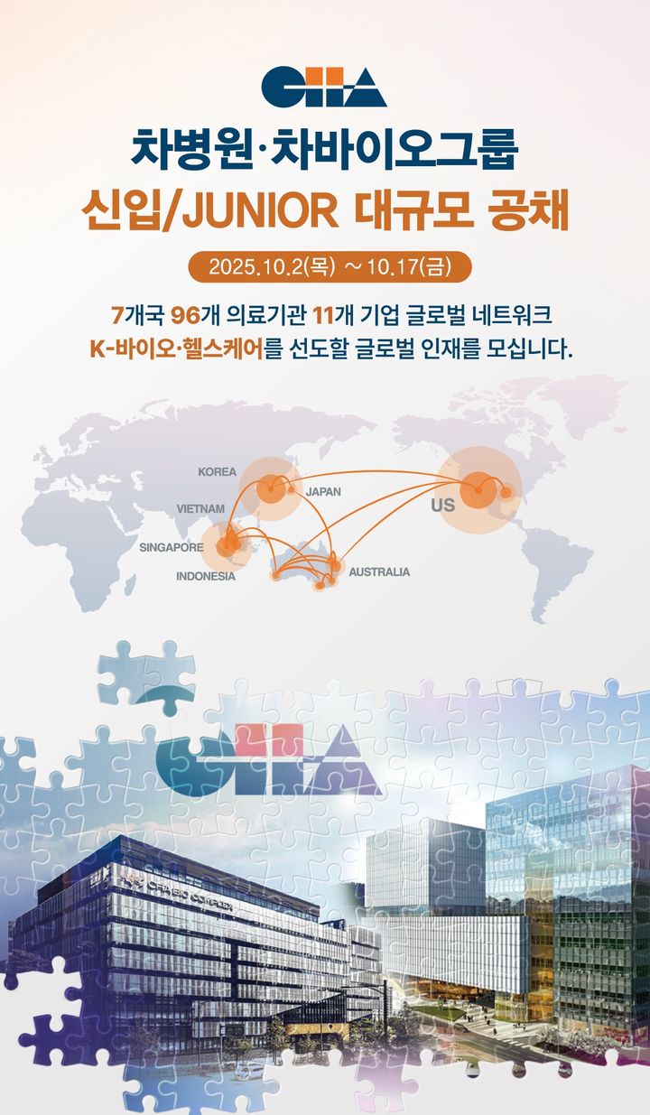 [서울=뉴시스] 차병원·차바이오그룹은 2025년 신입∙주니어 직원을 대규모로 공개 채용한다고 2일 밝혔다. (사진=차바이오그룹 제공) 2025.10.02. photo@newsis.com *재판매 및 DB 금지