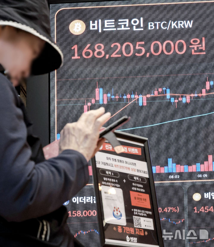 [서울=뉴시스] 정병혁 기자 = 2일 서울 서초구 빗썸라운지 강남점 전광판에 비트코인 시세가 표시되어 있다.&nbsp; 비트코인이 미국 연방정부 셧다운(업무 일시 정지) 개시 첫날 4% 넘게 반등하며 1억6900만원대로 껑충 뛰었다. 달러 기준으로는 11만9000달러대를 넘기며 저항선인 12만달러에 가까워졌다. 2025.10.02 jhope@newsis.com