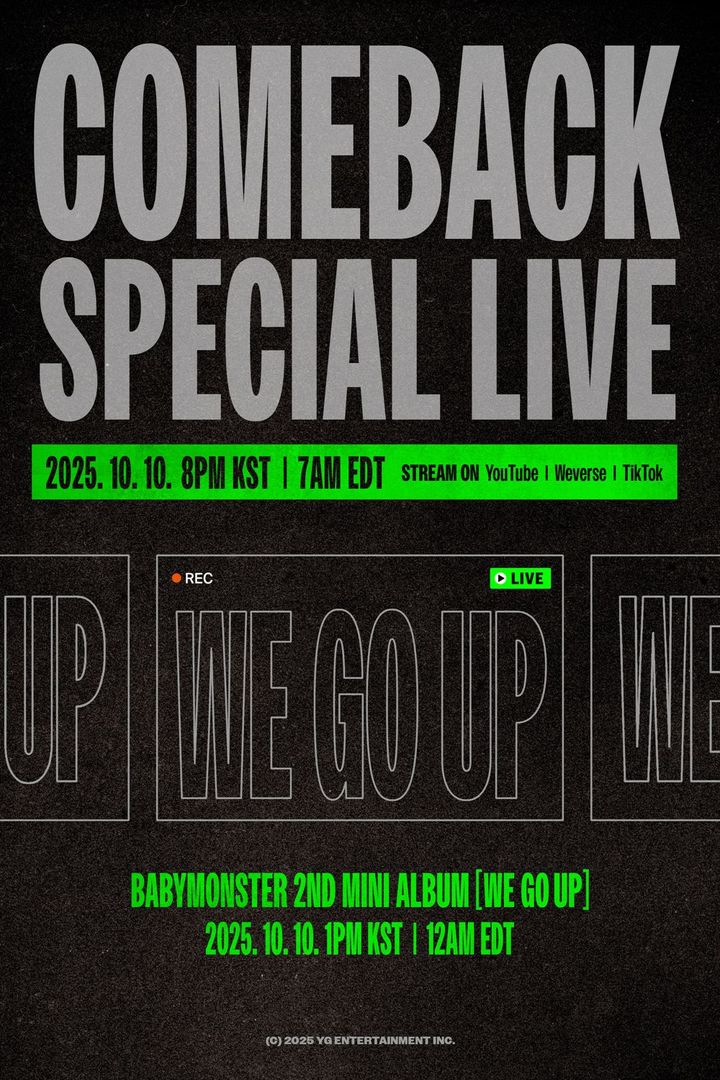 [서울=뉴시스] 그룹 '베이비몬스터'가 미니 2집 '위 고 업(WE GO UP)' 컴백 당일 글로벌 팬들과 만나 특별한 교감에 나선다. (사진=YG엔터테인먼트 제공) 2025.10.03. photo@newsis.com *재판매 및 DB 금지
