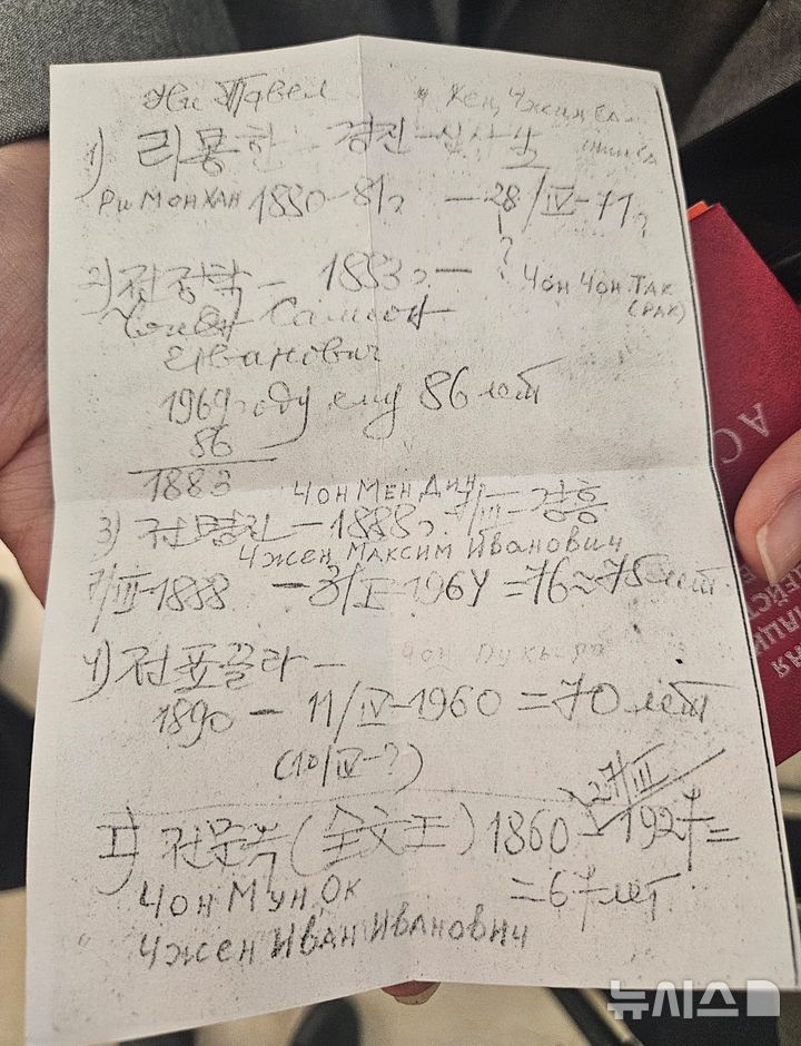 [알마티(카자흐스탄)=뉴시스] 고려인 2세 전 알렉산드르 페도로비치(79)가 12일(현지 시간) 오후 카자흐스탄 알마티에서 열린 고려인협회 창립 35주년 기념 행사에 참석해 한국 취재진과 인터뷰하면서 정장 안주머니에서 꺼낸 빛바랜 쪽지를 보이고 있다. 아버지의 유품인 이 '한글 연습 쪽지'에는 증조할아버지 전문옥을 비롯해 전정탁, 전명진, 전표끌라 등 조상의 이름이 또박또박 적혀 있다. (사진=독자 제공) 2025.09.12. photo@newsis.com