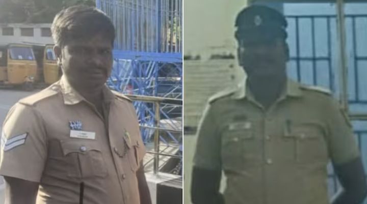 [서울=뉴시스] 인도 남부 타밀나두주(州)에서 현직 경찰관 2명이 검문을 빌미로 차량을 세운 뒤 19세 여성을 그의 어머니 앞에서 집단 성폭행하는 사건이 발생했다. 사진은 현지 언론서 공개된 두 경찰관의 모습. (사진 = 인디아투데이 캡처) 2025.10.05. *재판매 및 DB 금지