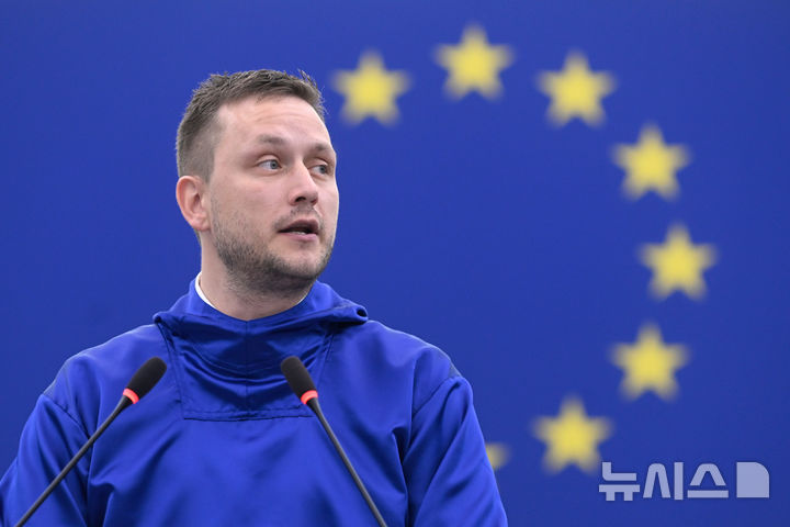 Prime Minister of Greenland Jens-Frederik Nielsen delivers a speech Wednesday, Oct. 8, 2025 at the European Parliament in Strasbourg, eastern France. (AP Photo/Pascal Bastien)