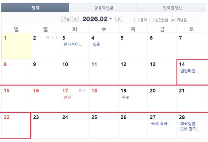 [서울=뉴시스] 2026년 2월 달력. 설 연휴(16일~18일)에 이어 19일(목)과 20일(금)에 연차를 사용하면 주말인 21일, 22일까지 최장 9일 쉴 수 있다. (사진=네이버달력) *재판매 및 DB 금지