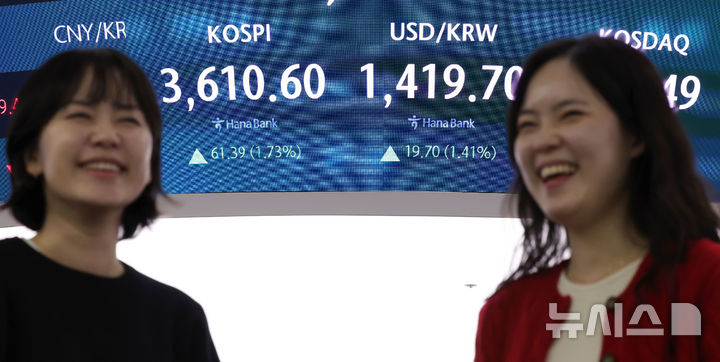 [서울=뉴시스] 홍효식 기자 = 코스피가 전 거래일(3549.21)보다 61.39포인트(1.73%) 오른 3610.60에 마감한 10일 오후 서울 중구 하나은행 딜링룸 전광판에 지수가 표시되고 있다. 코스닥 지수는 전 거래일(854.25)보다 5.24포인트(0.61%) 상승한 859.49에 거래를 종료했다. 서울 외환시장에서 원·달러 환율은 전 거래일(1400.0원)보다 21.0원 오른 1421.0원에 주간 거래를 마감했다. 2025.10.10. yesphoto@newsis.com