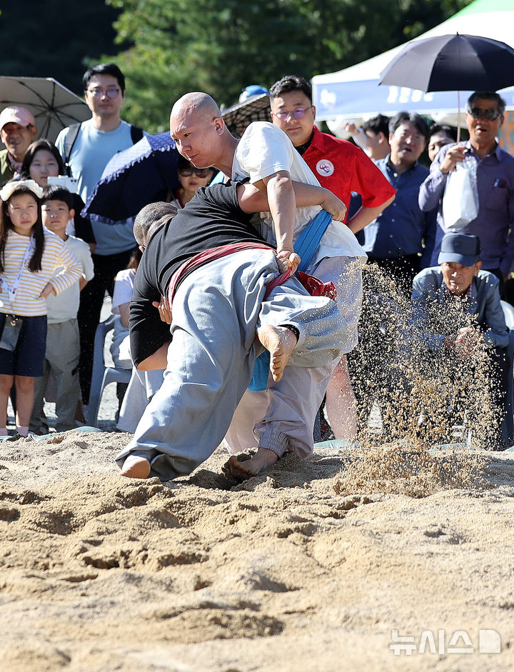 [대구=뉴시스] 이무열 기자 = 11일 대구 동구 동화사에서 열린 '팔공산 산중장터 승시축제' 부대행사로 열린 승가 씨름대회에 참가한 스님들이 모래판 위에서 승부를 펼치고 있다. 2025.10.11. lmy@newsis.com