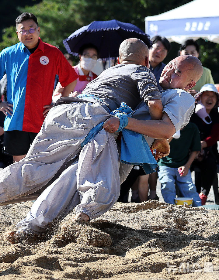 [대구=뉴시스] 이무열 기자 = 11일 대구 동구 동화사에서 열린 '팔공산 산중장터 승시축제' 부대행사로 열린 승가 씨름대회에 참가한 스님들이 모래판 위에서 승부를 펼치고 있다. 2025.10.11. lmy@newsis.com