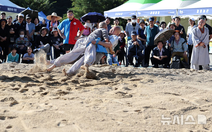 [대구=뉴시스] 이무열 기자 = 11일 대구 동구 동화사에서 열린 '팔공산 산중장터 승시축제' 부대행사로 열린 승가 씨름대회에 참가한 스님들이 모래판 위에서 승부를 펼치고 있다. 2025.10.11. lmy@newsis.com