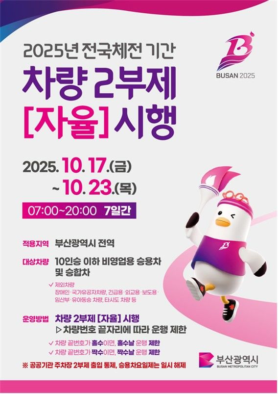 [부산=뉴시스] 부산시가 전국체전 기간(17~23일) 동안 차량 자율2부제에 참여해달라고 시민들에게 당부했다. (사진=부산시 제공) 2025.10.13. photo@newsis.com *재판매 및 DB 금지