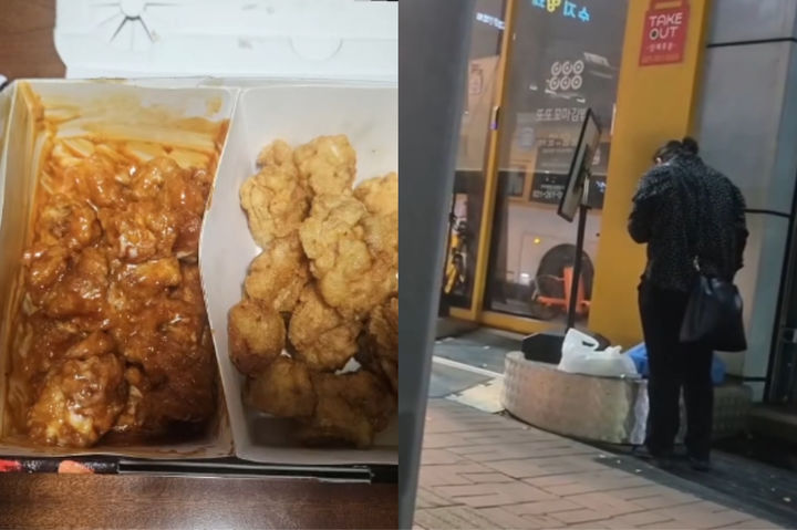 [뉴시스] 배달 기사가 위생장갑을 끼고 길거리에서 배달 음식을 절반 가까이 먹은 채 손님에게 그대로 배달하는 피해를 겪었다는 한 자영업자의 사연이 전해졌다. 사진은 해당 손님이 촬영한 배달 치킨의 상태(왼)와 문제의 배달기사가 길거리서 마라탕을 빼먹는 모습. (사진 = 인스타그램 갈무리) 2025.10.13. *재판매 및 DB 금지