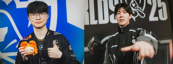 [서울=뉴시스] (왼쪽부터) 리그 오브 레전드(LoL) e스포츠 한국 리그(LCK) 팀 T1 소속 '페이커' 이상혁과 중국 리그(LPL) 팀 인빅터스 게이밍(IG) 소속 '더샤이' 강승록 (사진=라이엇 게임즈 제공) *재판매 및 DB 금지