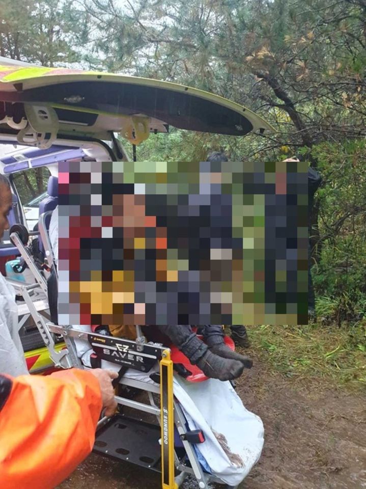 [인제=뉴시스] 13일 소방당국은 지난 12일 오후 8시 18분경 인제 기린면 방동리 1216-1에서 버섯을 따러 입산했다가 실종됐던 60대 남성이 약 19시간만인 13일 오후 3시 이 지역 야산 골짜기인 ‘도채골’에서 경찰수색견이 발견해 구조됐다 고 밝혔다. 강원특별자치도소방본부 제공. *재판매 및 DB 금지