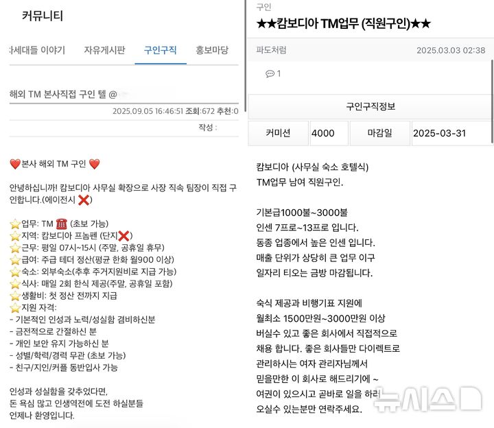 [서울=뉴시스] 13일 온라인 포털 사이트에 '캄보디아 고수익' 등을 검색하자 쉽게 찾을 수 있는 구인 글이 보이고 있다. (사진=온라인 갈무리) 2025.10.13. photo@newsis.com