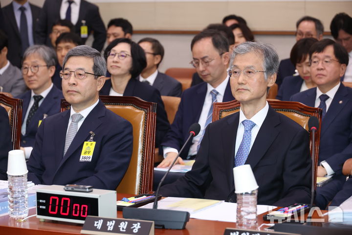 [서울=뉴시스] 고승민 기자 = 조희대 대법원장이 13일 서울 여의도 국회에서 열린 법제사법위원회의 대법원 등 국정감사에 출석하고 있다. 2025.10.13. kkssmm99@newsis.com