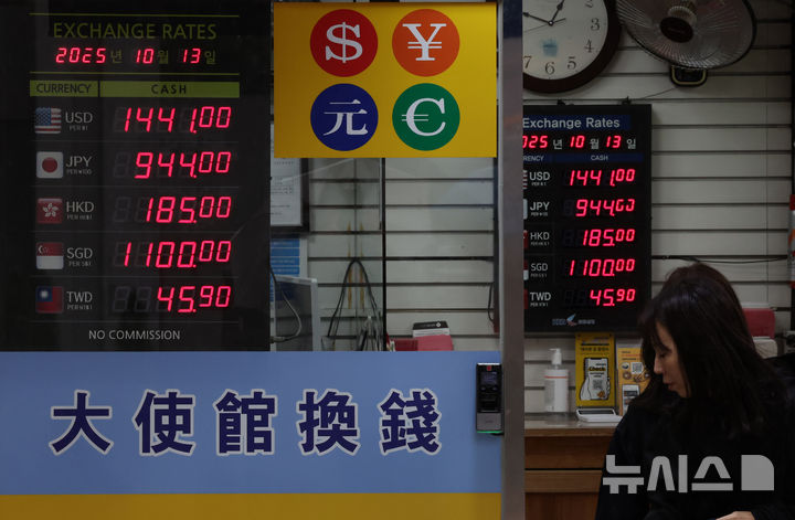 [서울=뉴시스] 배훈식 기자 = 정부가 치솟는 환율에 구두개입한 13일 오후 서울 중구 명동거리의 한 환전소에 원·달러 환율이 1440원 대를 나타내고 있다. 2025.10.13. dahora83@newsis.com