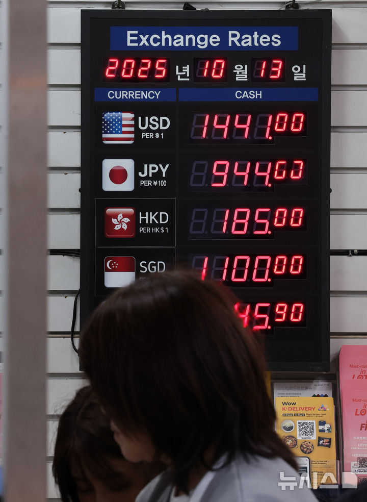 [서울=뉴시스] 배훈식 기자 = 정부가 치솟는 환율에 구두개입한 13일 오후 서울 중구 명동거리의 한 환전소에 원·달러 환율이 1440원 대를 나타내고 있다. 2025.10.13. dahora83@newsis.com