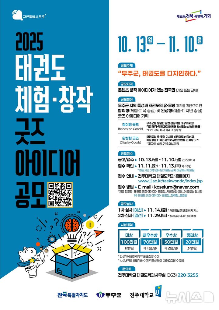 [전주=뉴시스]윤난슬 기자 = 전북 전주대학교 태권도학과는 전북 RISE(지역혁신중심 대학지원체계) 사업의 일환으로 추진 중인 '태권도 종주국 위상 정립을 위한 태권도 HUB 산업 활성화' 과제를 기반으로 '2025 태권도 체험·창작 굿즈 아이디어 공모전'을 연다고 14일 밝혔다. (사진=전주대 제공) photo@newsis.com 