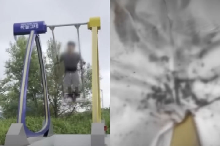 [서울=뉴시스] 제주도의 한 유명 테마파크에서 360도 회전 그네를 타던 남성이 그네 구조물에 의해 중요 부위가 33㎝가량 찢어지는 사고를 당했다. 사진은 당시 피해 남성이 회전그네를 타고 있는 모습(왼)과 구조물에 중요 부위가 찔려 피가 묻은 바지. (사진 = 'JTBC News' 유튜브 갈무리) 2025.10.14. *재판매 및 DB 금지