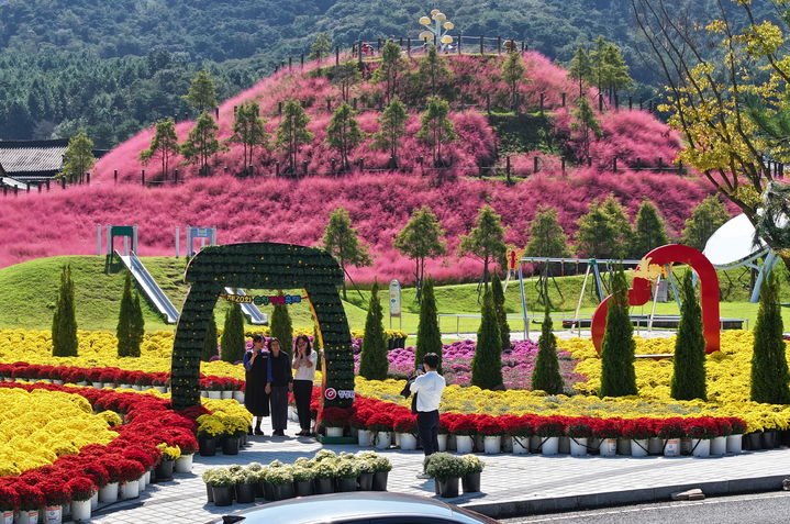 [순창=뉴시스] 오는 17일~19일 '제20회 순창 장류축제'가 열릴 예정인 발효테마파크, 화려한 꽃밭 배경의 포토존에서 방문객들이 사진을 찍고 있다. *재판매 및 DB 금지