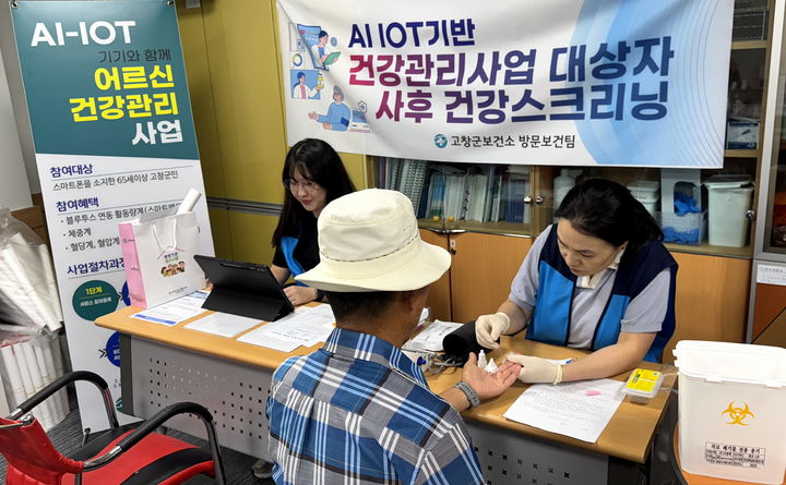 [고창=뉴시스] 고창군보건소 직원들이 'AI-IOT기반 비대면 건강관리 사업' 참여자의 혈당을 측정하고 있다. *재판매 및 DB 금지